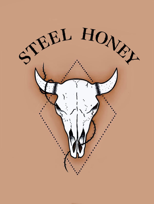 Steel Honey original logo and brand colors. Design is a skull from a steer with a dusty desert colored background.