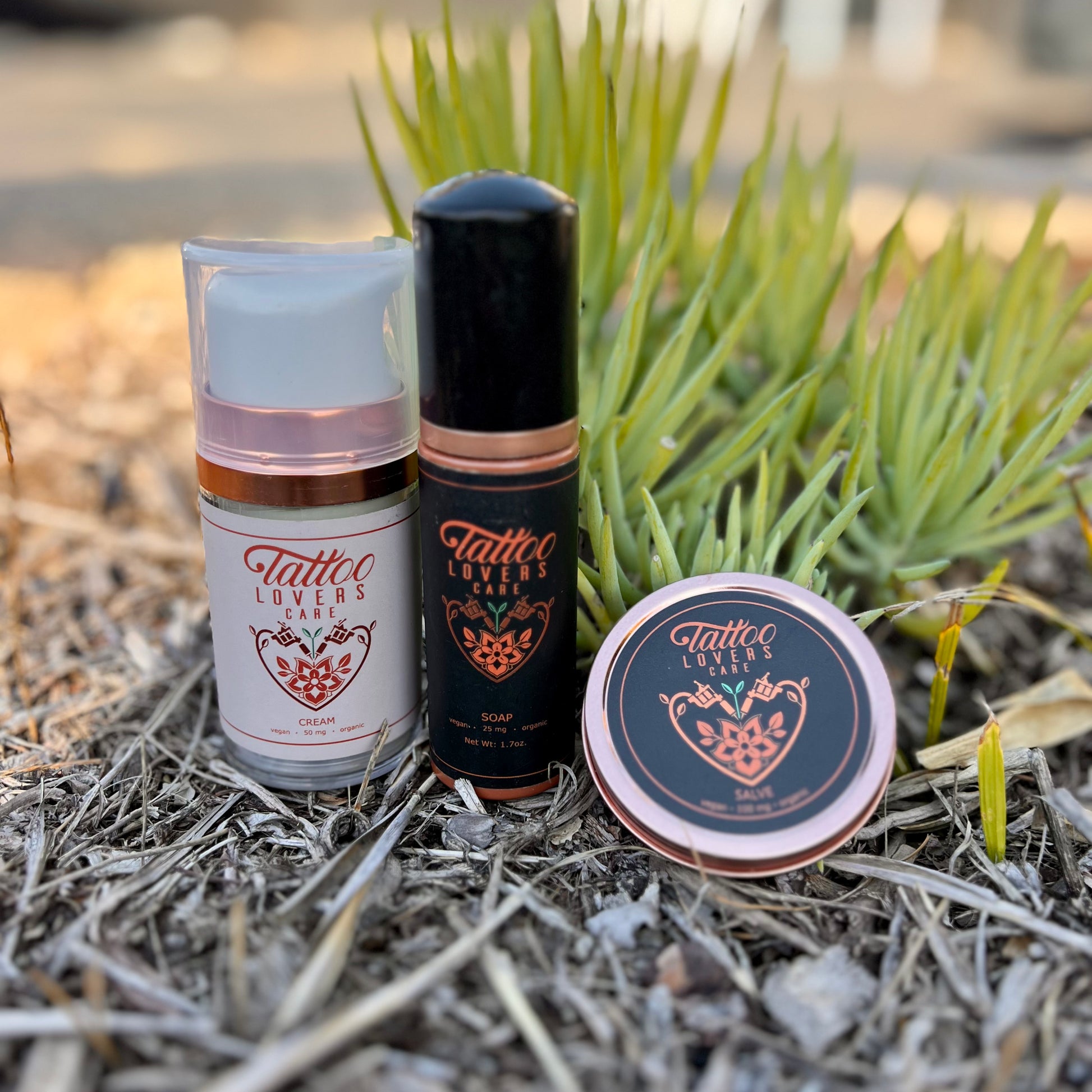 tattoo lovers package of three items on display outdoors. 100% organic ingredients with CBD. Superior quality
